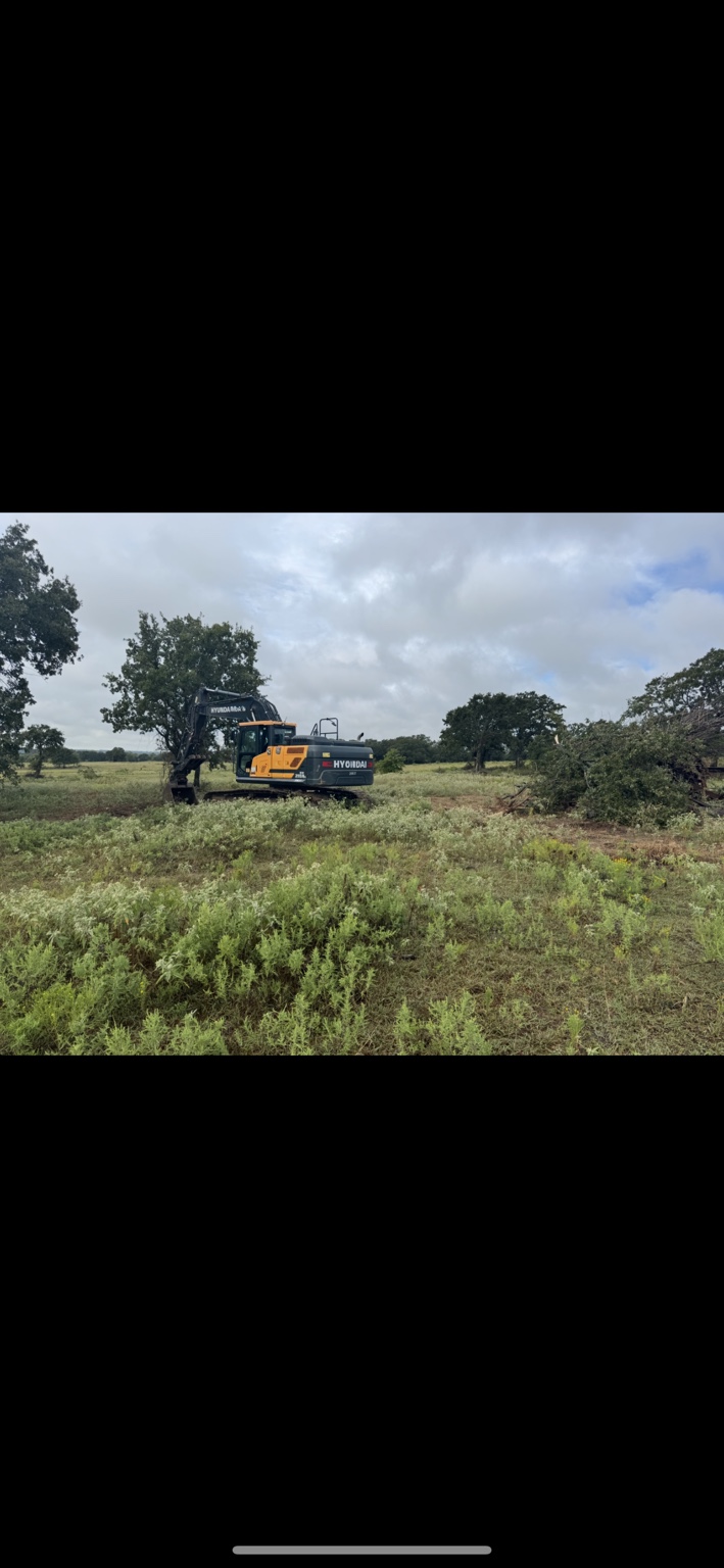 Excavator working near a pile of cleared brush